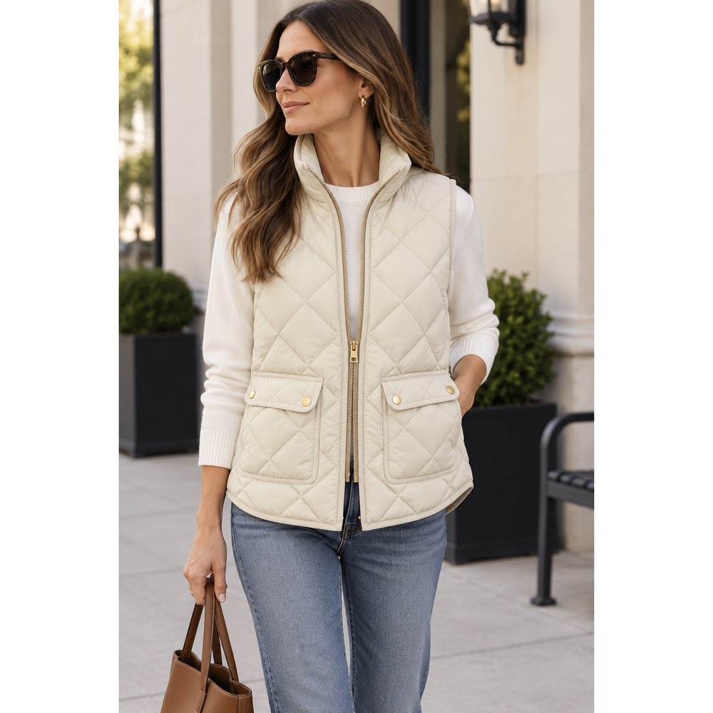 J.Crew Excursion Quilted Vest Womens XS Ivory Cream Excellent Diamond Quilt